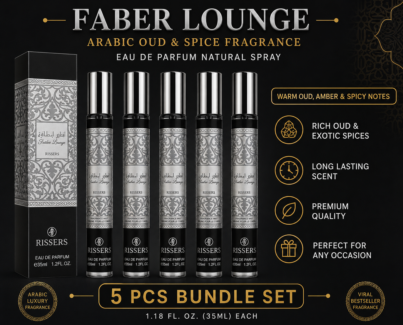 Faber Lounge Arabic Oud & Spice Eau de Parfum 5 Piece Bundle Set | 35ml Warm Oud Fragrance Sprays